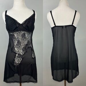 Vintage Frederick’s Of Hollywood Black Sheer Mesh and Lace Slip Sz XL
